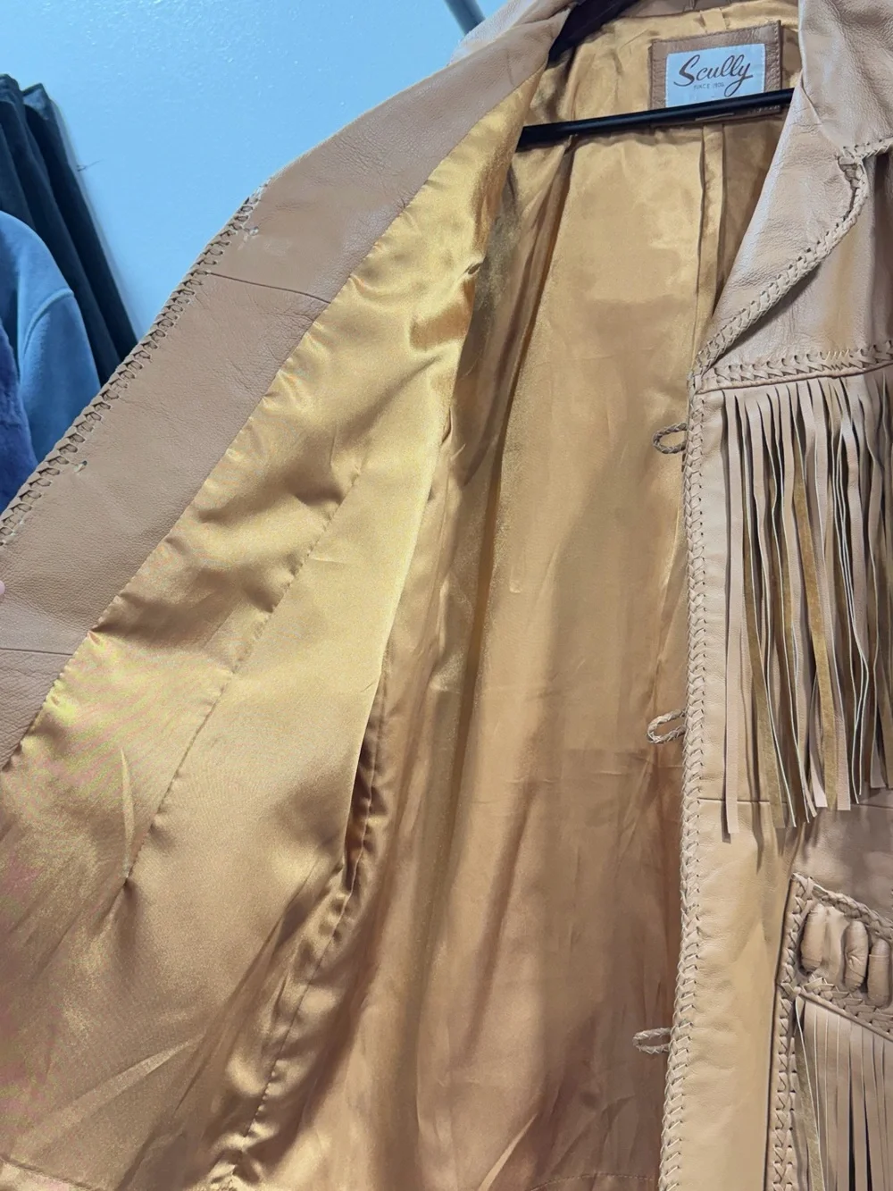 Scully Tan Leather Fringe Jacket with Beaded Shoulder Accents